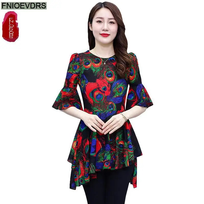 L-5XL Loose Clothes 2023 Women Summer Short Sleeve Elegant Ruffles Shirts Casual Retro Vintage Floral Tunic Peplum Tops Blouses