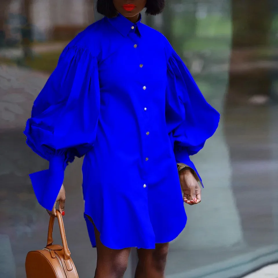 Robe chemise ample à manches bouffantes pour femmes, grande taille européenne et américaine, couleur unie, décontractée, manches longues, robes de soirée élégantes pour femmes