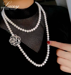 Freshwater Pearl Wedding Necklace For Women,White Real Pearl Necklace Jewelry Long Sweater Necklace Flower Gift