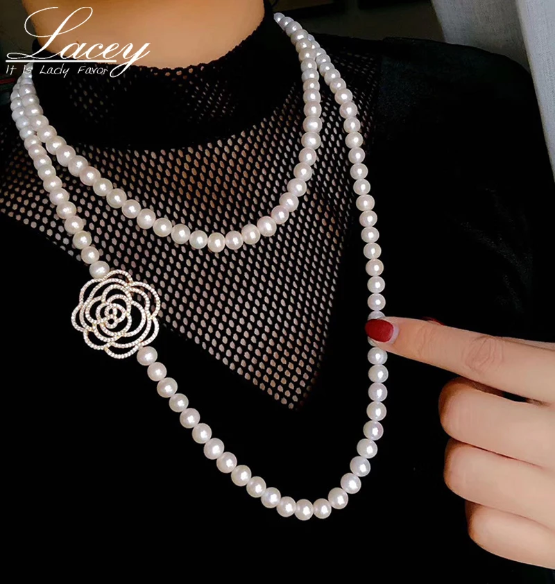 Freshwater Pearl Wedding Necklace For Women,White Real Pearl Necklace Jewelry Long Sweater Necklace Flower Gift