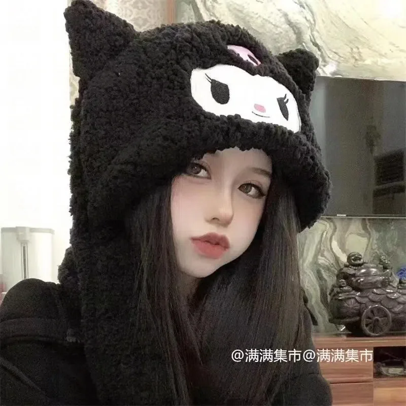 Sanrio Kuromi Scarf Hat Glove One Piece Cute Cartoon Plush Thickening Warm Anti-Cold All-In-One Hat Anime Toys for Girls Gift