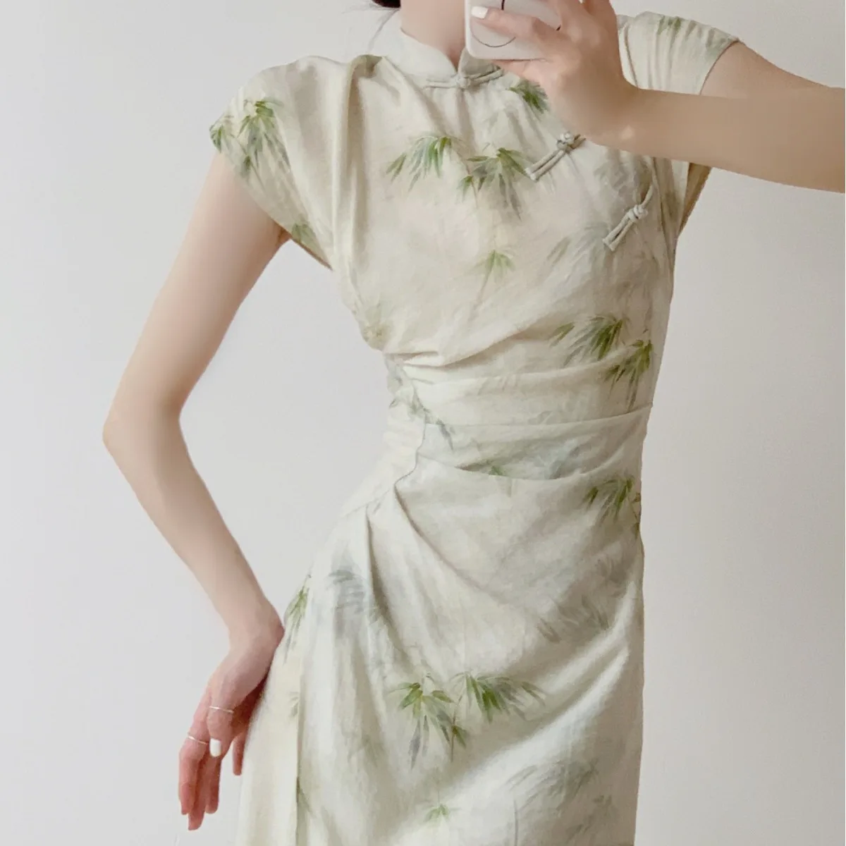 

Retro New Chinese Style Long Qipao Dress Elegant Classic Green Bamboo Leaves Cheongsam Slim Satin Improved Vestidos Evening Wear