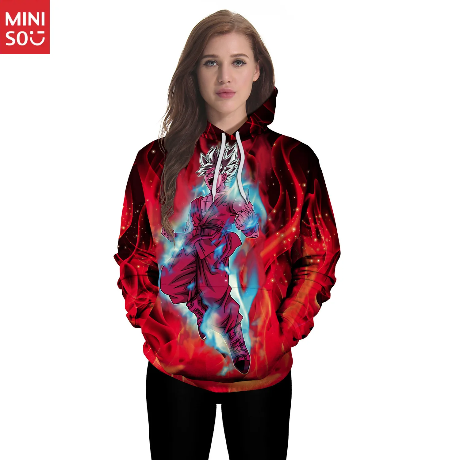 Miniso Autumn and Winter Dragon Ball Saiyan Blue Sun Wukong Printing European and American Long Sleeve Hooded Sweater Men Women