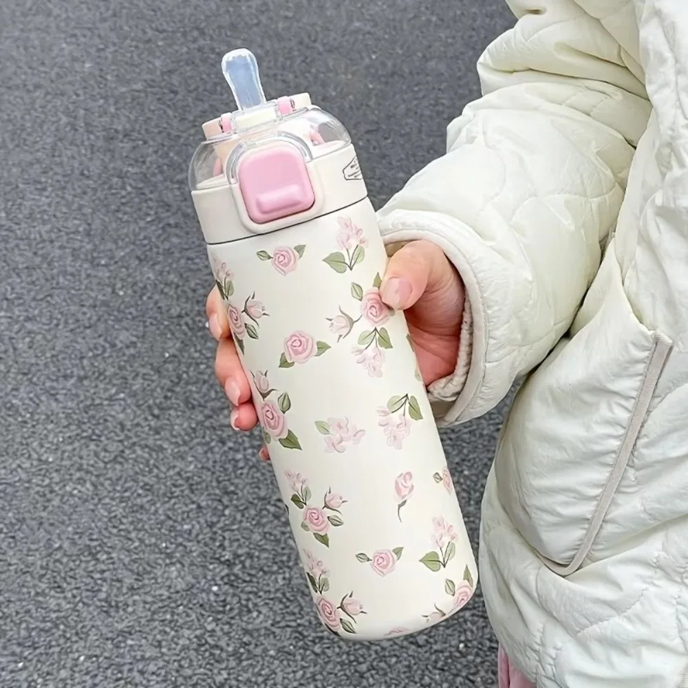 700ML Sports Water Bottle Printed Straw & Sip Option Insulated Water Bottle One-Touch Lid Vacuum Insulated Straw Water Bottle