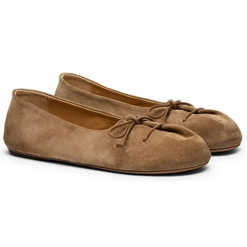 

Summer New Shallow Lace-up Bow Ballet Shoes Retro Suede Loafers Soft Casual Round Toe Women's Flat Shoes