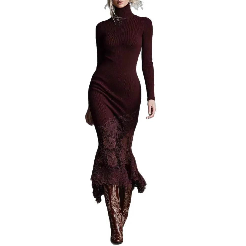 Fashion High-neck Spliced ​​lace Women's Dress Autumn Winter New Burgundy Slim Hip-covering Elegant Female Long-sleeved Dresses