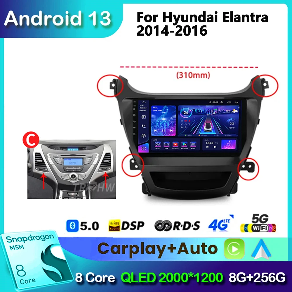 For Hyundai Elantra Avante I35 2011-2016 car audio Android 13 Navigation Car Radio Multimedia Player Carplay Stereo 4G GPS 2din