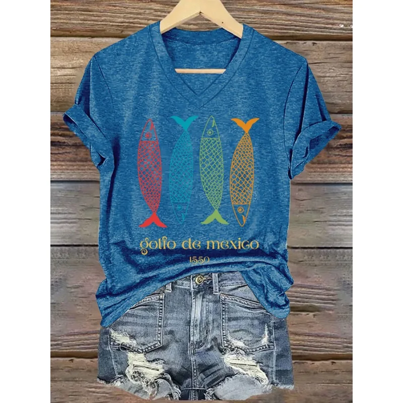 Women's Short Sleeved Gulf of Mexico Colorful Fish Print T-Shirts Summer Casual V Neck Tops Tees