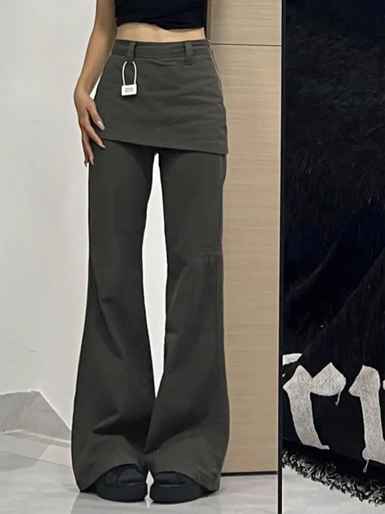 

Deeptown Harajuku Patchwork Women Flared Pants Vintage High Waist American Style Fake Two Piece Trousers Y2k Baggy Solid Gyaru