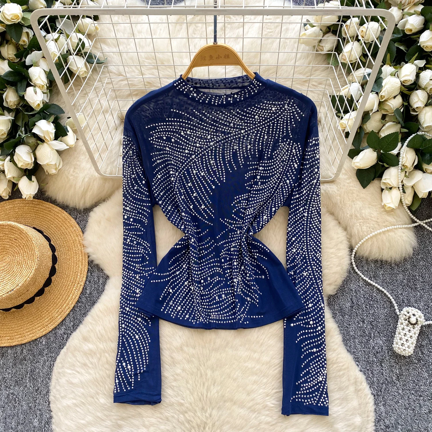 

Vintage Elegant rhinestone slim long sleeve Top Korean Streetwear High Street Autumn Basics T-Shirts