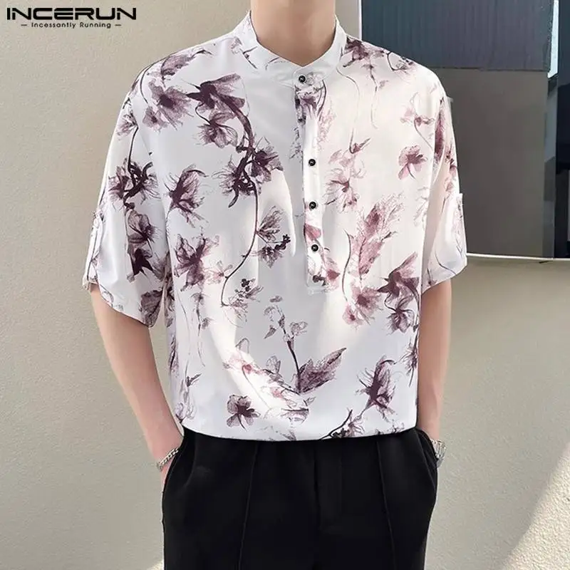 

INCERUN Men Shirt Printing Stand Collar Short Sleeve Casual Men Clothing Streetwear Korean Summer 2024 Fashion Casual Shirts