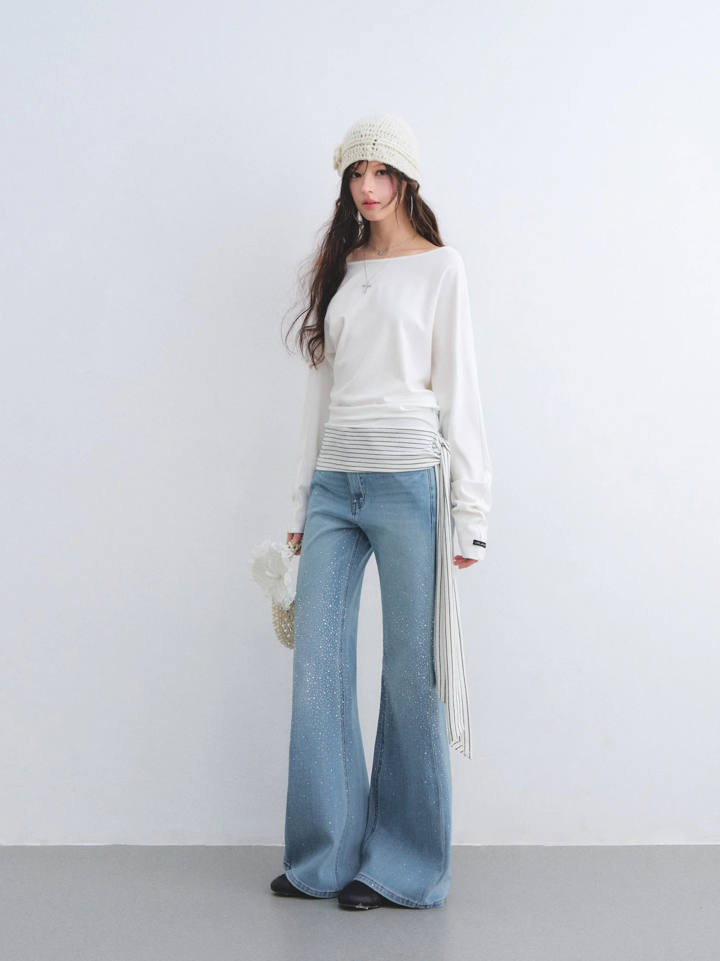 Washed Blue Rhinestone Micro Flare Jeans Slimming Non Fitting Star Burst Flash Pants Casual High Waist Moderate Stretch