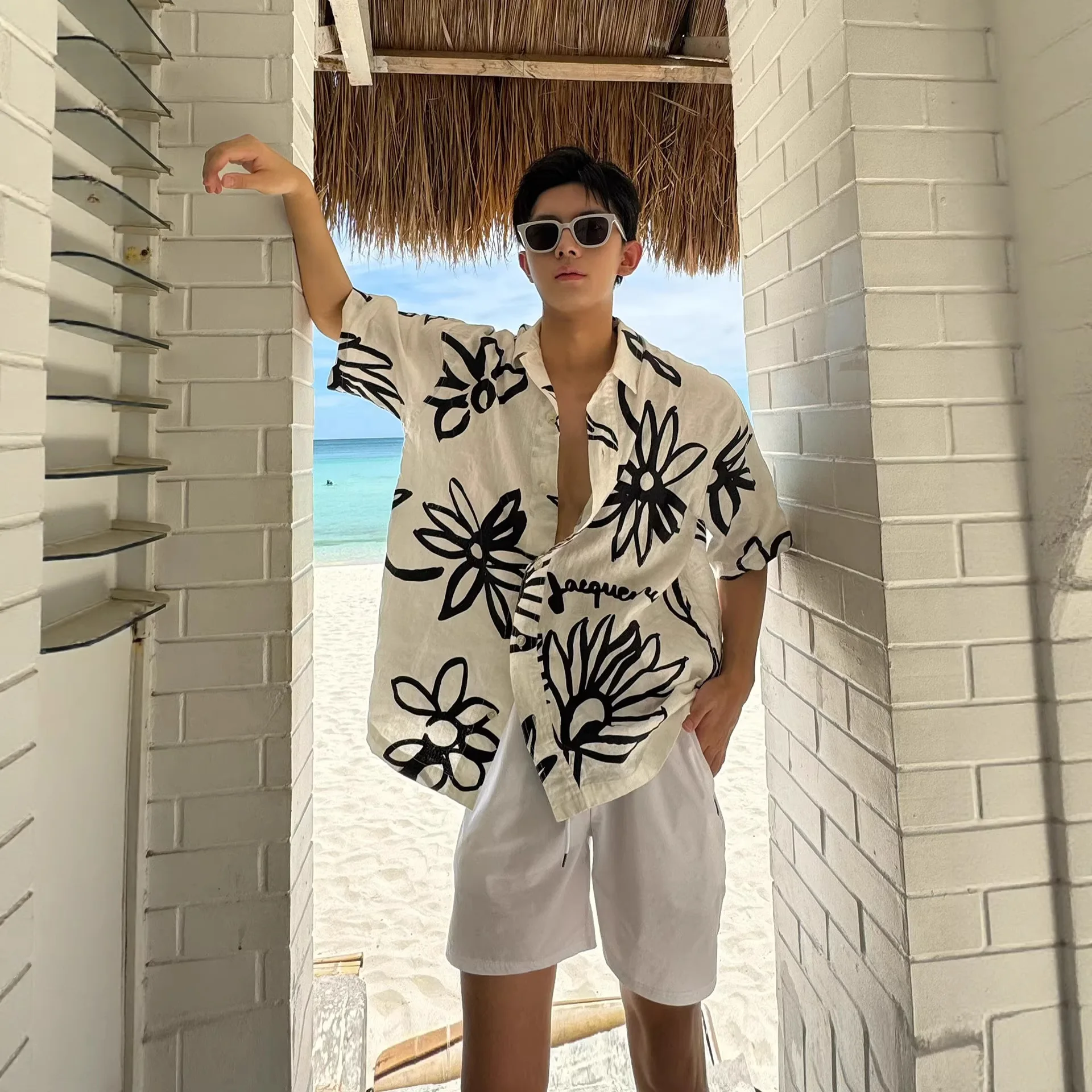 2026 Spring Summer Men Cuban Collar Floral Beach Shirt Short Sleeve Loose Island Vacation Trendy Travel Casual Holiday Blouse To