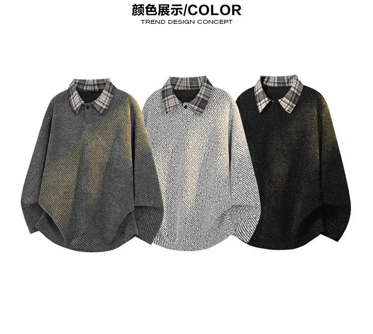 Herren-Polohemd mit Karomuster am Kragen, langärmelig, für den Herbst, aus strukturierter Strickware, lockere Passform, lässiges Oberteil, Kontrastkragen, ideal für den täglichen Gebrauch, Pullover. – Detail 8