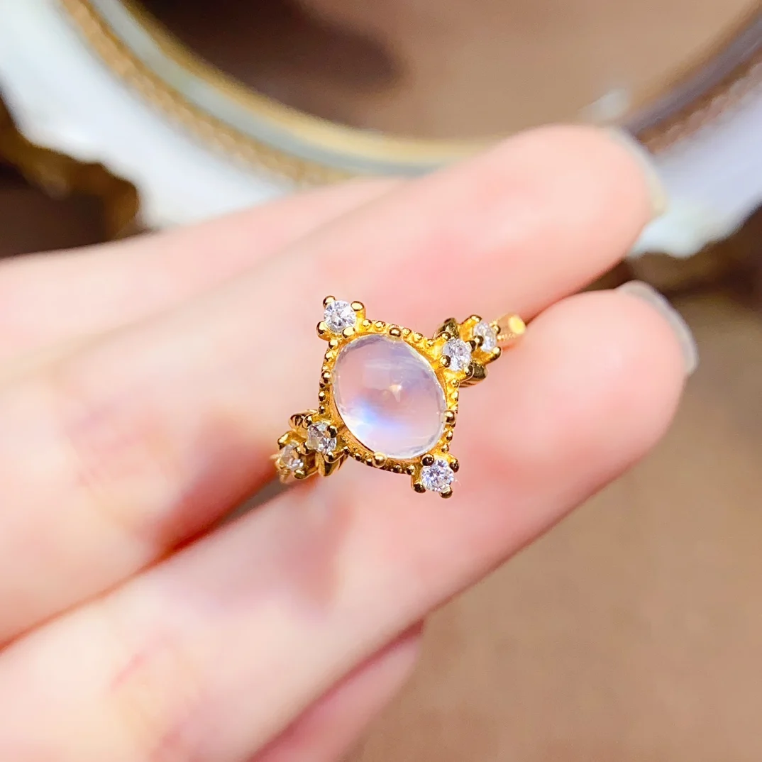 

Кольцо из натурального лунного камня 6*8 мм, настоящее серебро S925, сертификат, трендовый дизайн, изысканные модные очаровательные свадебные украшения для женщин FS