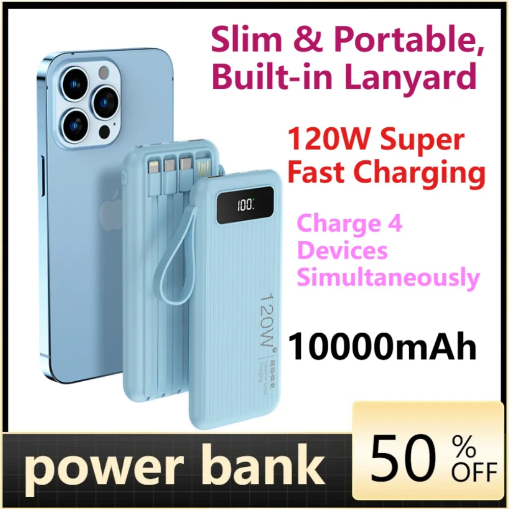 

120W Super Fast Charging Power Bank, 10000mAh Large Capacity, Portable Charger with Built-in Cables