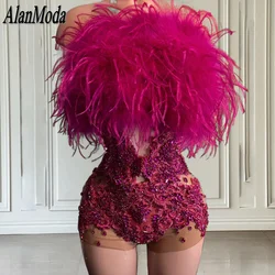 Luxury Fuchsia Birthday Dresses For Black Girl Ostrich Feathers Rhinestone Short Prom Gowns African Women Jumpsuit Party Wear