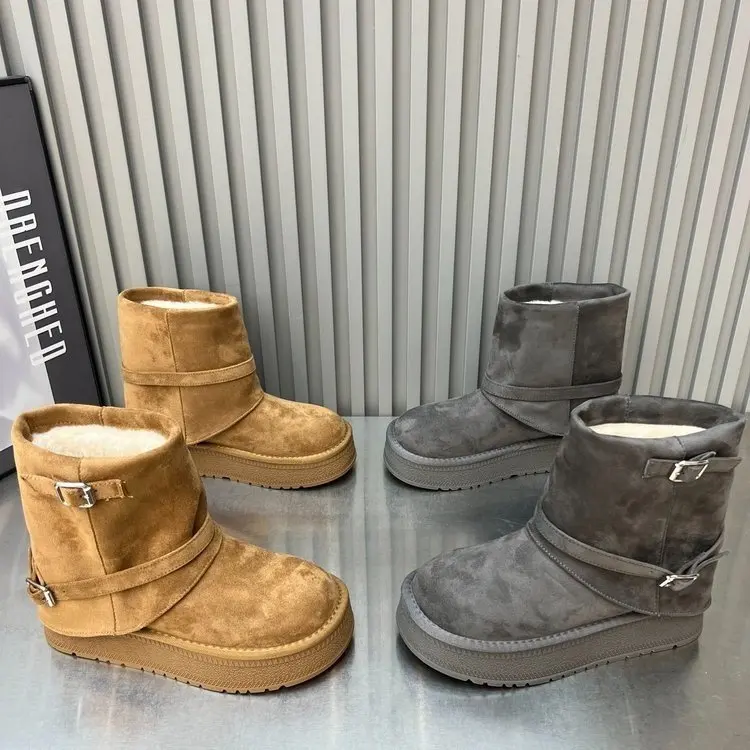 NEW Women Winter Fur Lined Ankle Boots Double Buckle Decor Internal Elevation Round Toe Suede Warm Snow Boots Concise