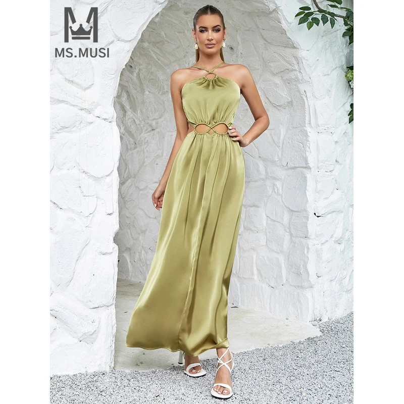 MSMUSI 2025 New Fashion Women Sexy Halter Strap Hollow Out Sleeveless Lace Up Backless Bodycon Party Club Event Maxi Dress Gown