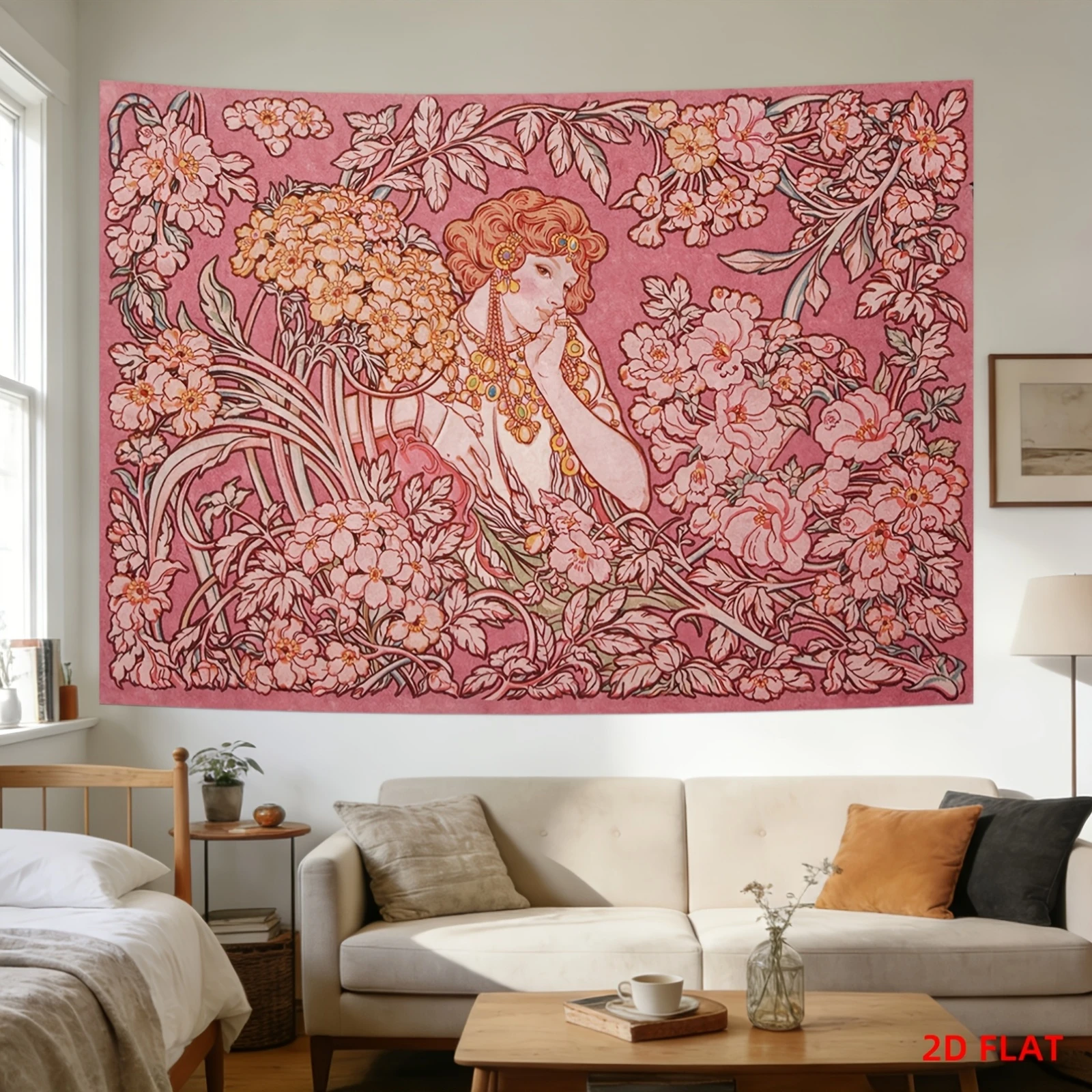 Luxurious Pink Floral Tapestry Wall Hanging Renaissance Art Woman Portrait Boho Bedroom Decor Large Tapestry