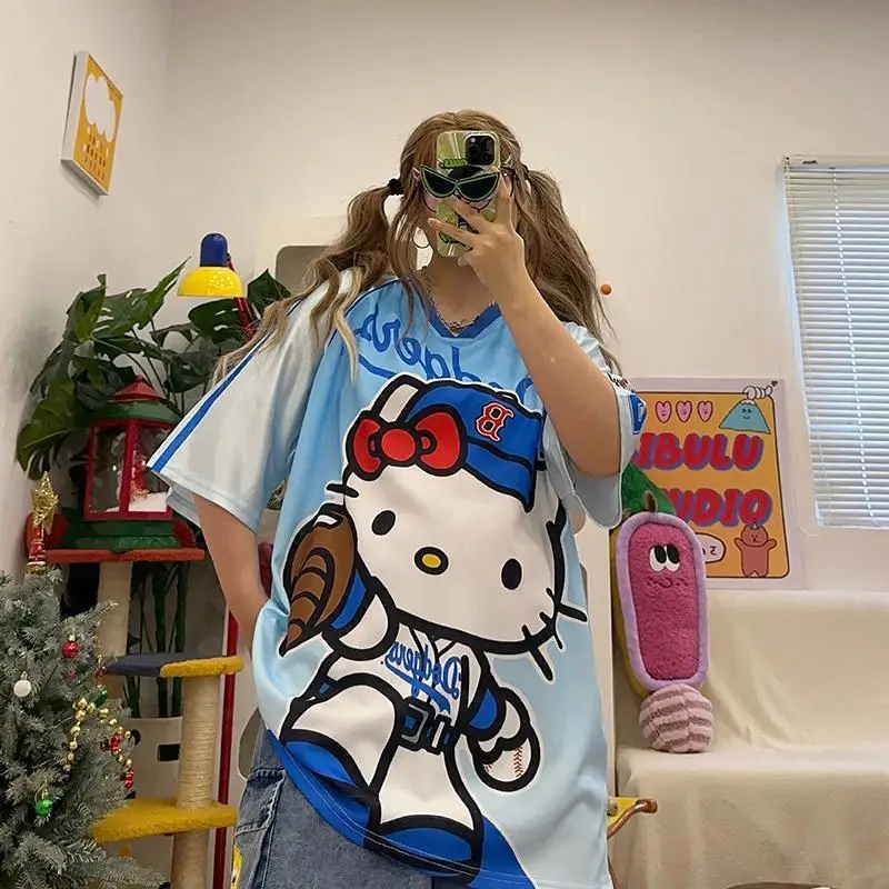 Miniso Patchwork Hellokitty Y2k T-shirt Anime Printed Harajuku Tees Girl V-Neck American Streetwear Top Baseball Shirt For Women