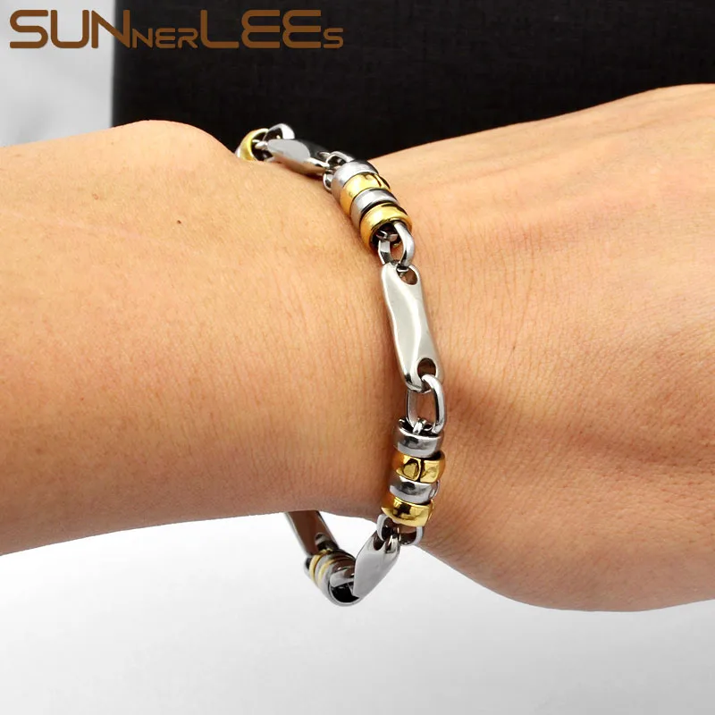 SUNNERLEES Jewelry Stainless Steel Necklace Bracelet Set 7mm Geometric Link Chain Silver Color Gold Plated Men Women SC113 S