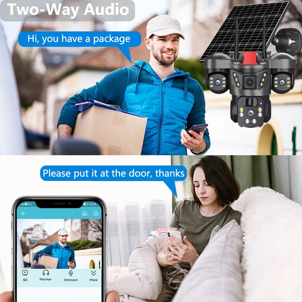 Three Lens Solar Camera 4G Sim Outdoor 15MP Three Screen WiFi PTZ Solaire Panel Cameras Color Night Vision Home IP Surveillance