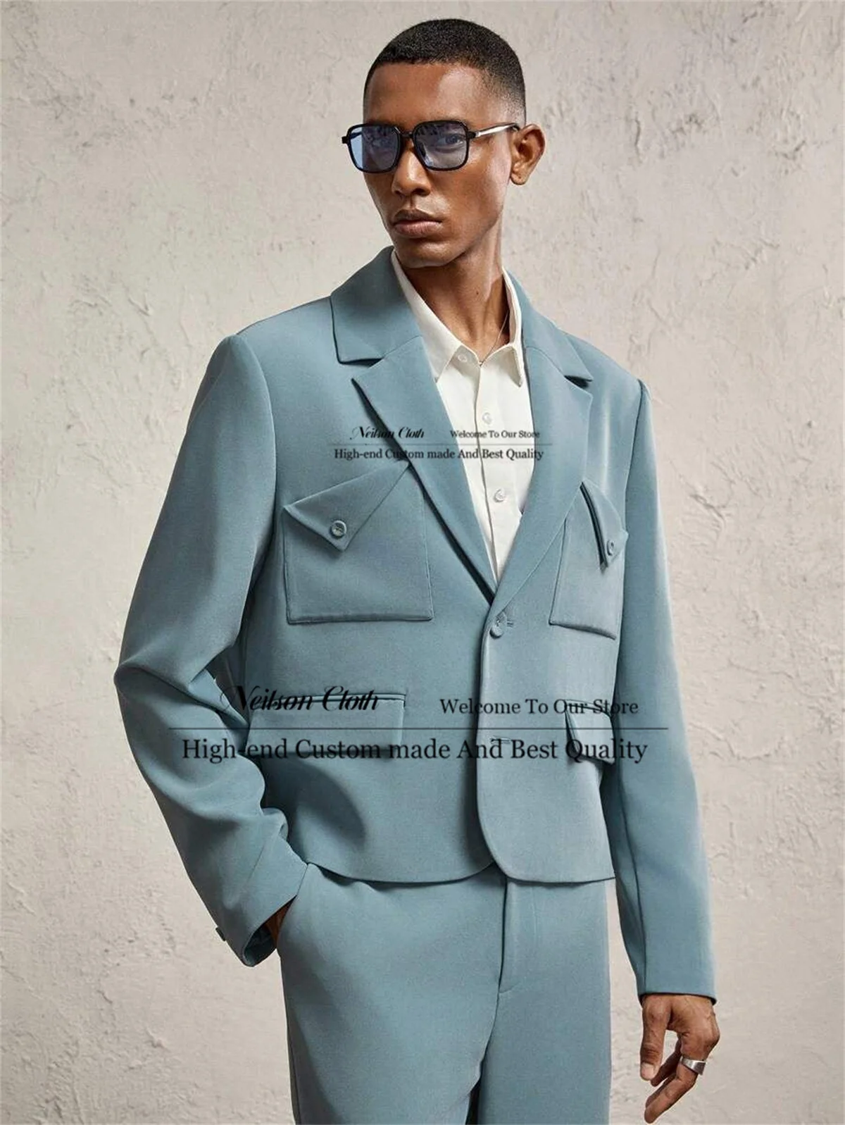

Blue One Button Male Prom Blazers 2 Pieces Sets Groom Wedding Tuxedos For Men Peaked Lapel Slim Fit Customized Costume Homme