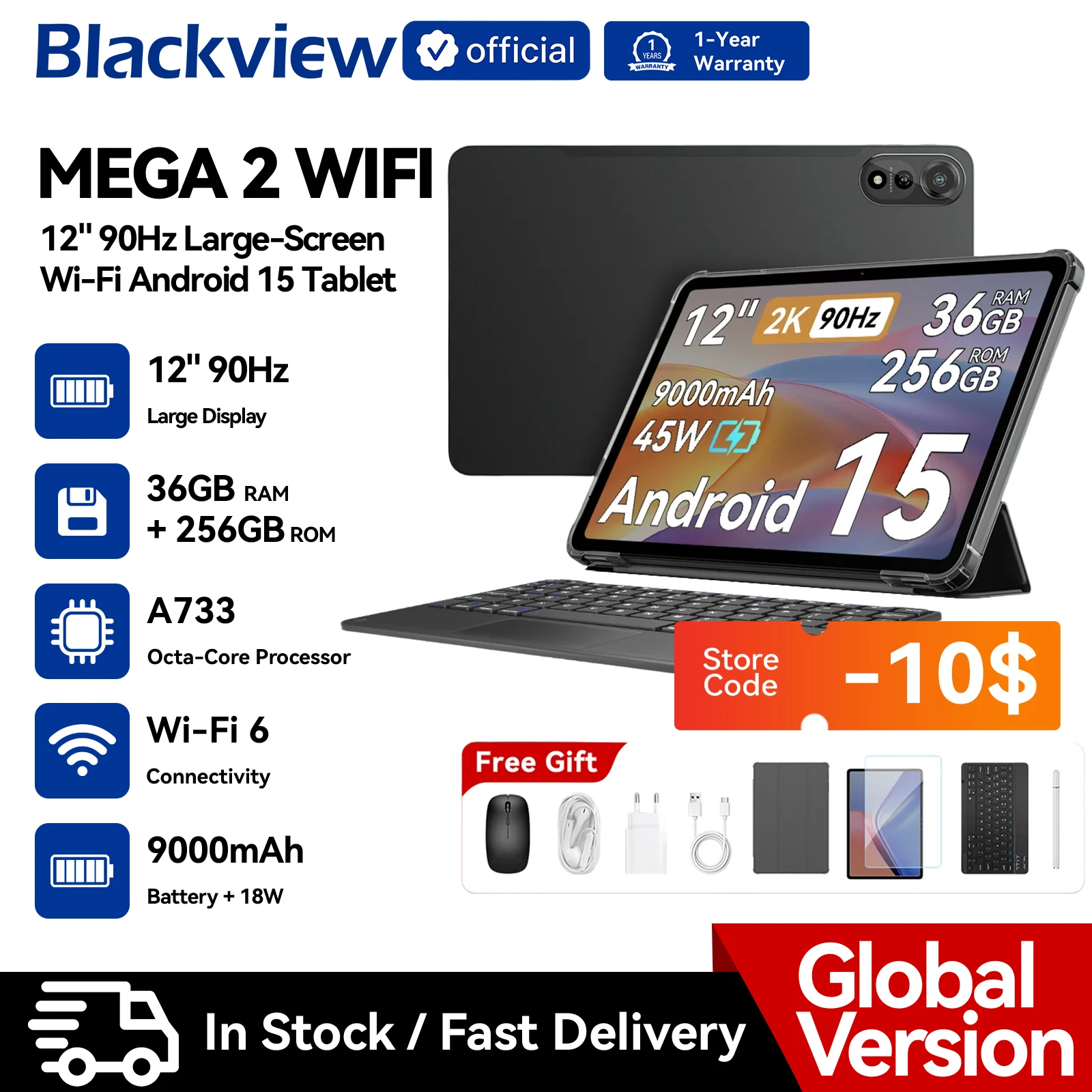 Blackview MEGA 2 WLAN-Tablet-PC 12'' 2K FHD+ Display Unisoc T615 12 GB RAM 256 GB ROM 9000 mAh Akku 16 MP Android 15 Tablets
