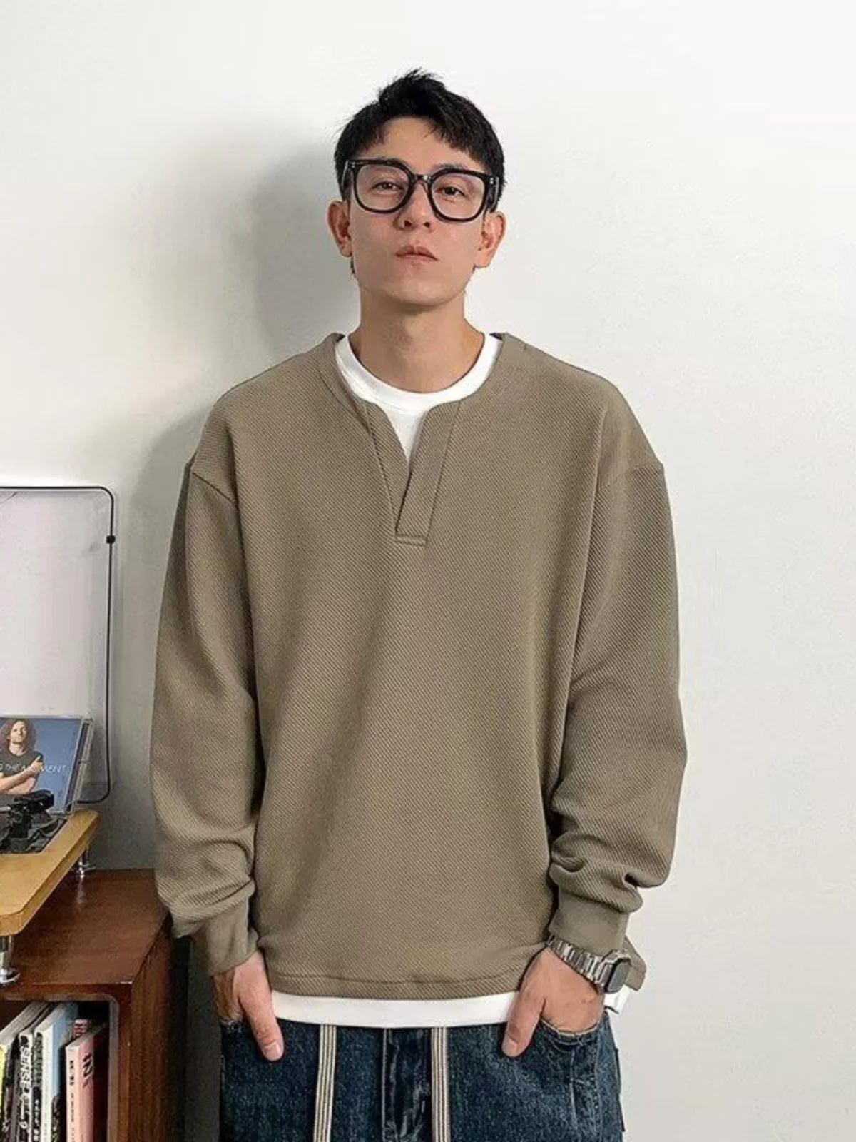 Autumn Winter Men's Simple Solid Color Casual Fake 2-piece Set O-neck Hoodies Trendy Heavy Duty Long Sleeve Undershirt Male Tops