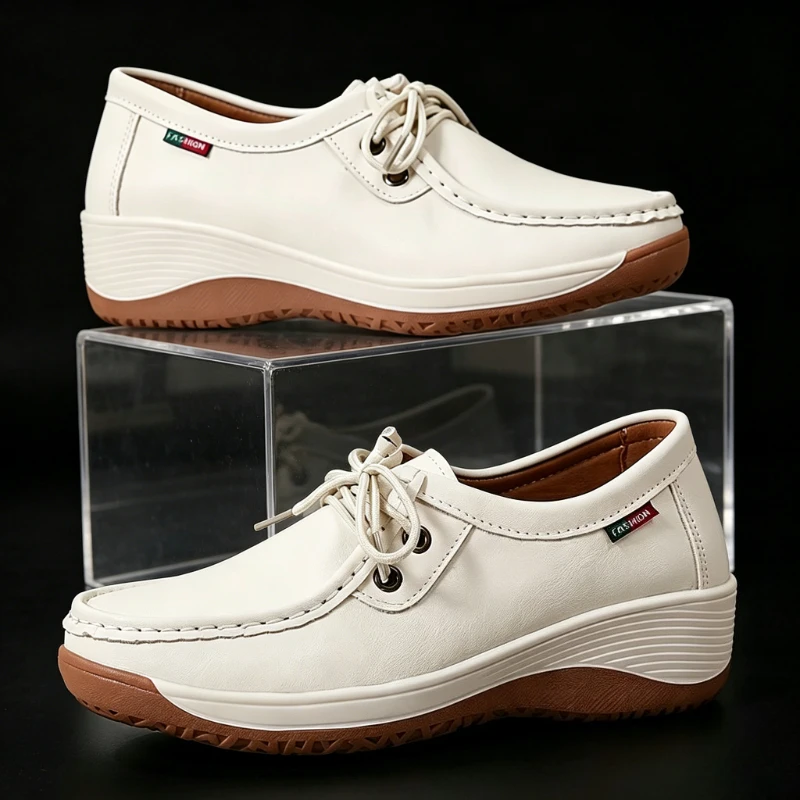 Plus size platform loafers for women - new fashionable lace-up comfortable british style flats