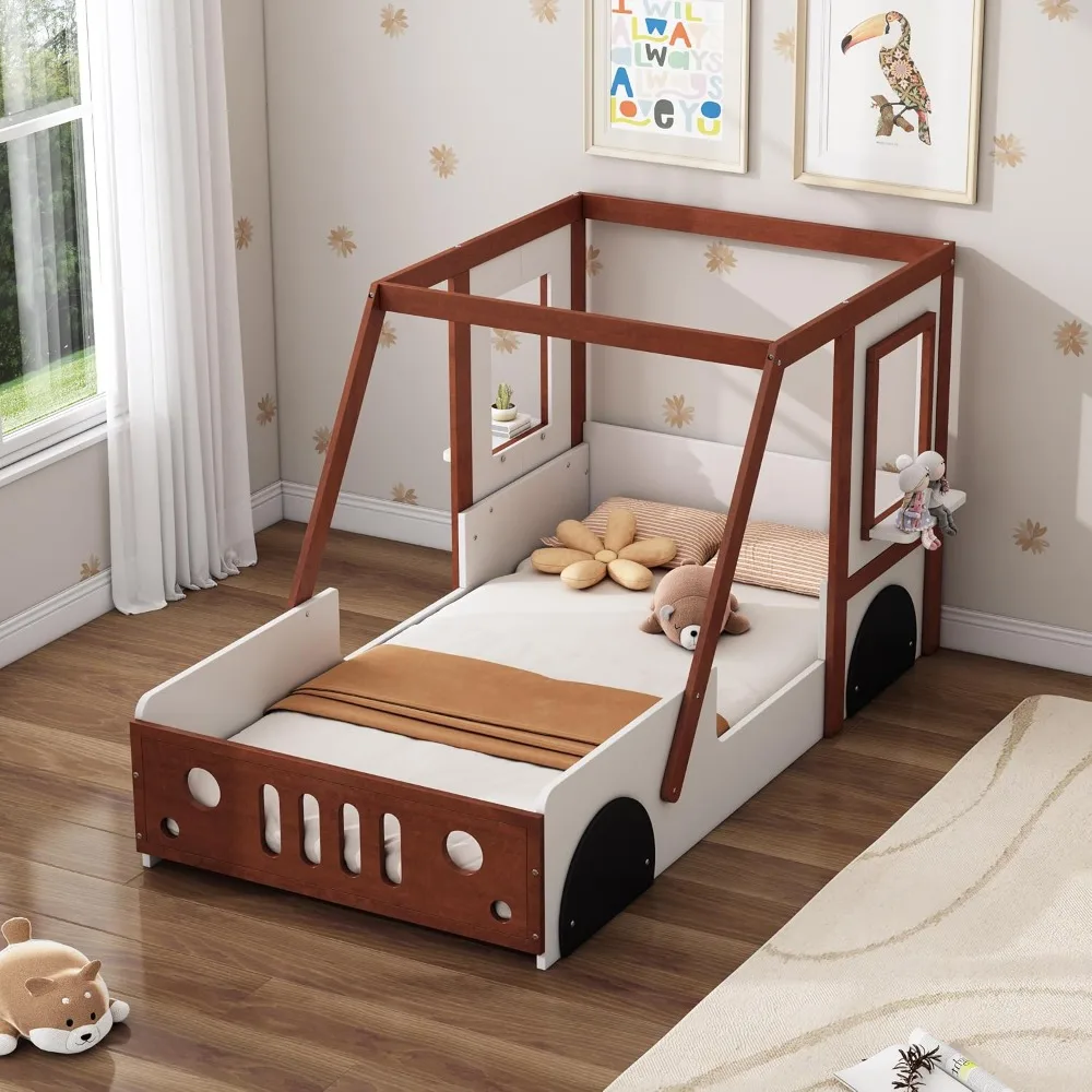 Twin Size Car-Shaped Kids Platform Bed with Doors & Windows,W/Headboard & Footboard,Safety Guardrails for Kids Boys Girls Teens