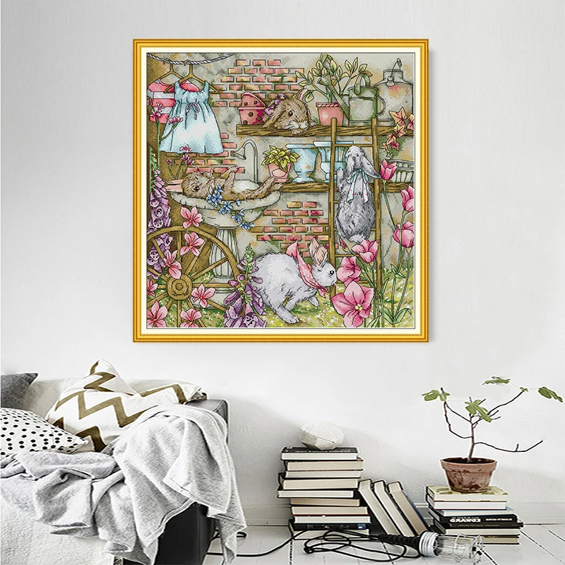 Joy Sunday rabby\'s Garden Printed Canvas Cross Stitch Kit completo ricamo fai da te DMC Threads Hobby Handiwork decorazioni per la casa fatte a mano