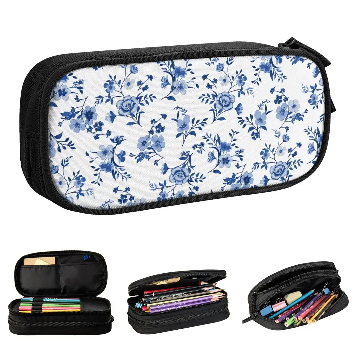 Blue Floral Pattern Pencil Cases Vintage Flowers Pen Box Pencil Bags Student Large Storage School Supplies Cosmetic Pencil Box