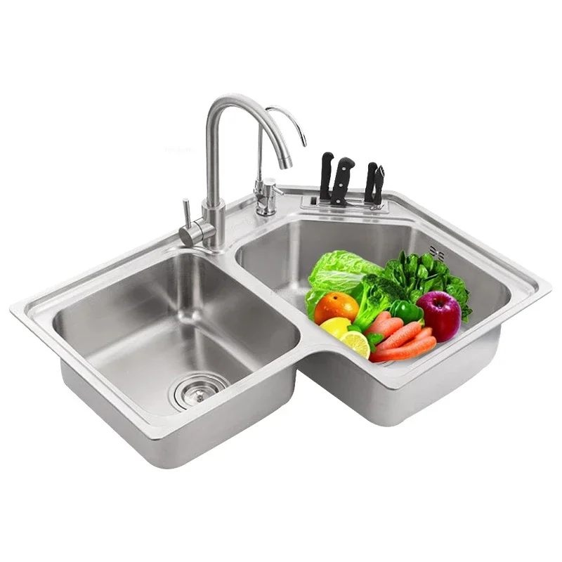 Creative Corner Kitchen Sinks Home Kitchen Accessories Stainless Steel Double Slot Wash Basin Modern Balcony Shaped Brushed Sink