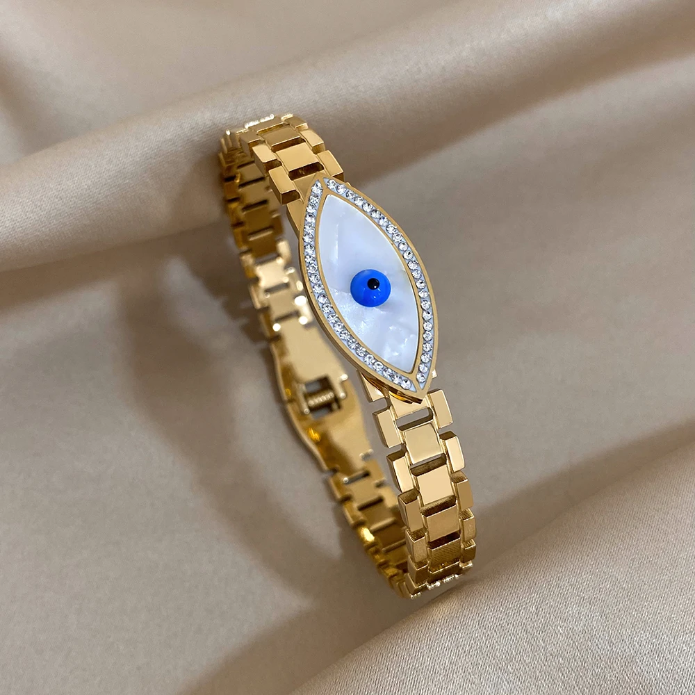 Evil Eye Stainless Steel Charm Bracelet, Rhinestone