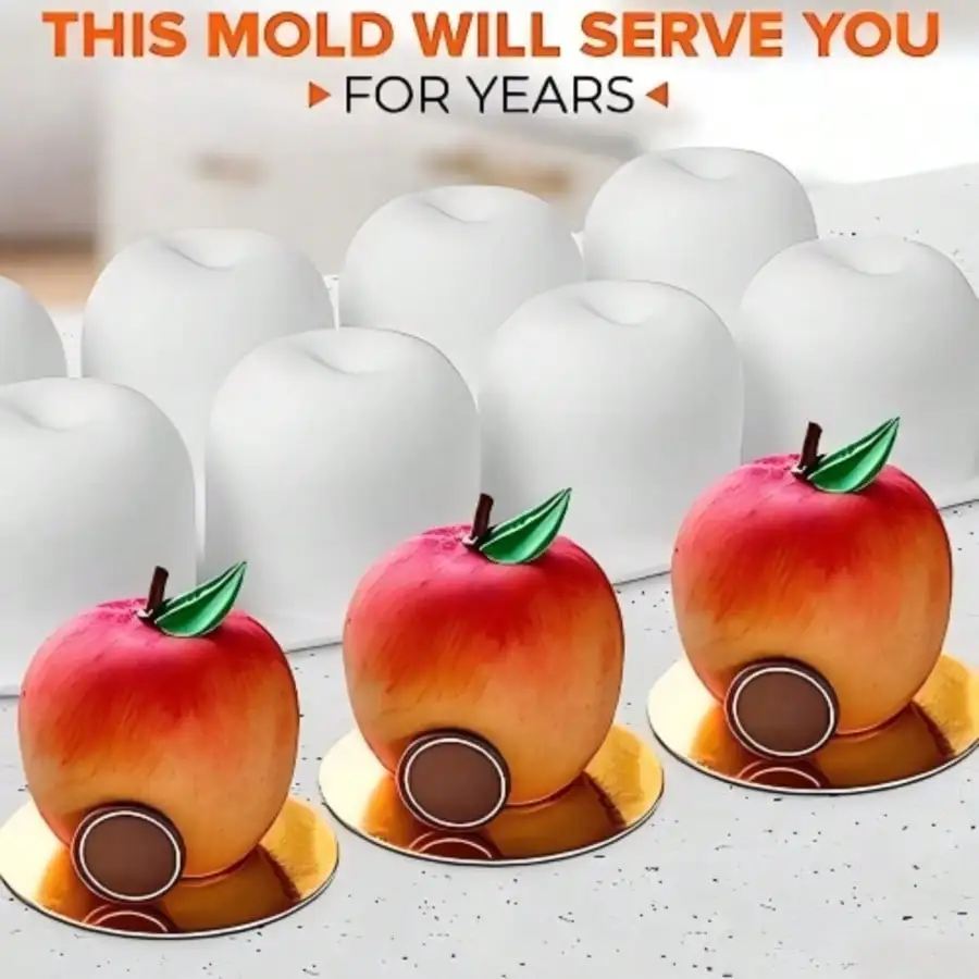 8 Cavity Apple Shaped Silicone Dessert Mold, Food Grade Non-Stick Mould for Mousse Cakes, Chocolate and Pastry Making, Chocolate view 5