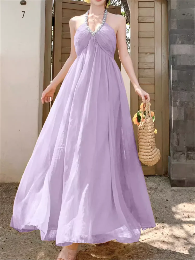 

Stunning V Neck Beads Halter Yellow Purple Long Maxi Dress New Holiday Beach Sleeveless Seaside Chiffon A Line Fairy Dress Robe
