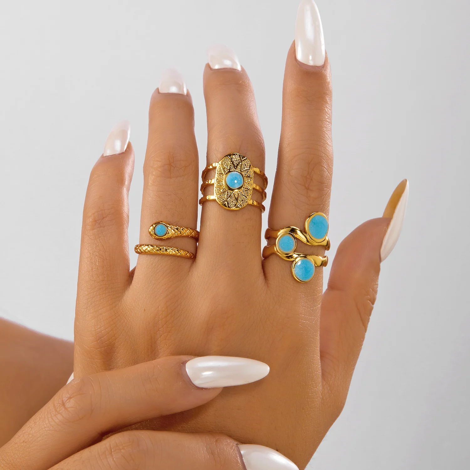 Edelstahl-Ringset mit geometrischem Muster für Damen und Herren, bunter Emaille-Sonnen-Herz-Fingerring, böhmischer ästhetischer Schmuck – Detail 2