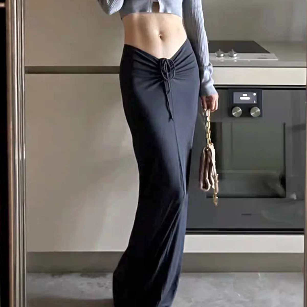 Women Skirts 2026 Black Ruched Drawstring Low Waist Midi Skirt Slim Fit Bodycon Hip Wrap Casual Women Half Dress