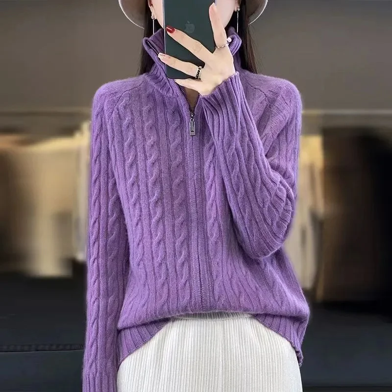 

Solid Color Zipper Jacket Autumn New Knitted Sweater Cardigan Women's Standing High Neck Loose Slimming Knitted Sweater Spring