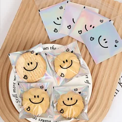 100pcs Snowflake Crisp Cookie Packaging Bag Cute Smiling Face Self-adhesive Bag Laser Transparent Biscuit Bag