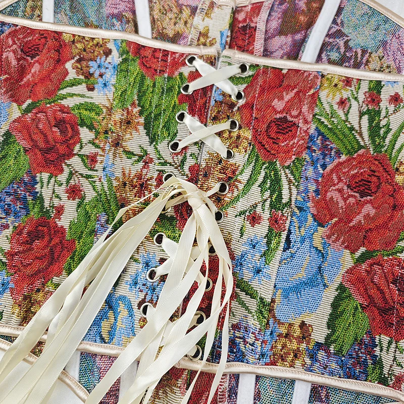 Summer new style retro print boned corset with lace-up drawstring at the back, French-style strapless shaping bustier for outer