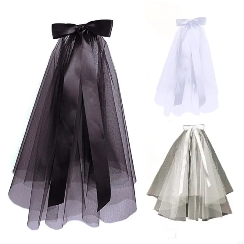 A9BF Wedding Tulle White Black Bridal Veils Ribbon Bowknot Elegant Women Veil