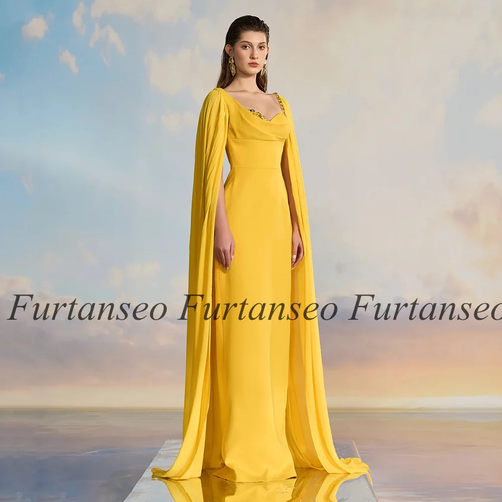 Customized Yellow Prom Dress with Chiffon Cape Sweetheart Beading Stones Straight Formal Occasion Dresses Prom Gown Saud Arabic