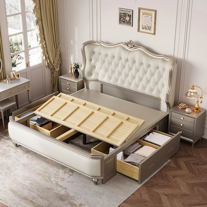 Leather soft bag solid wood bed, master bedroom wedding bed, double bed modern light luxury high-end sense