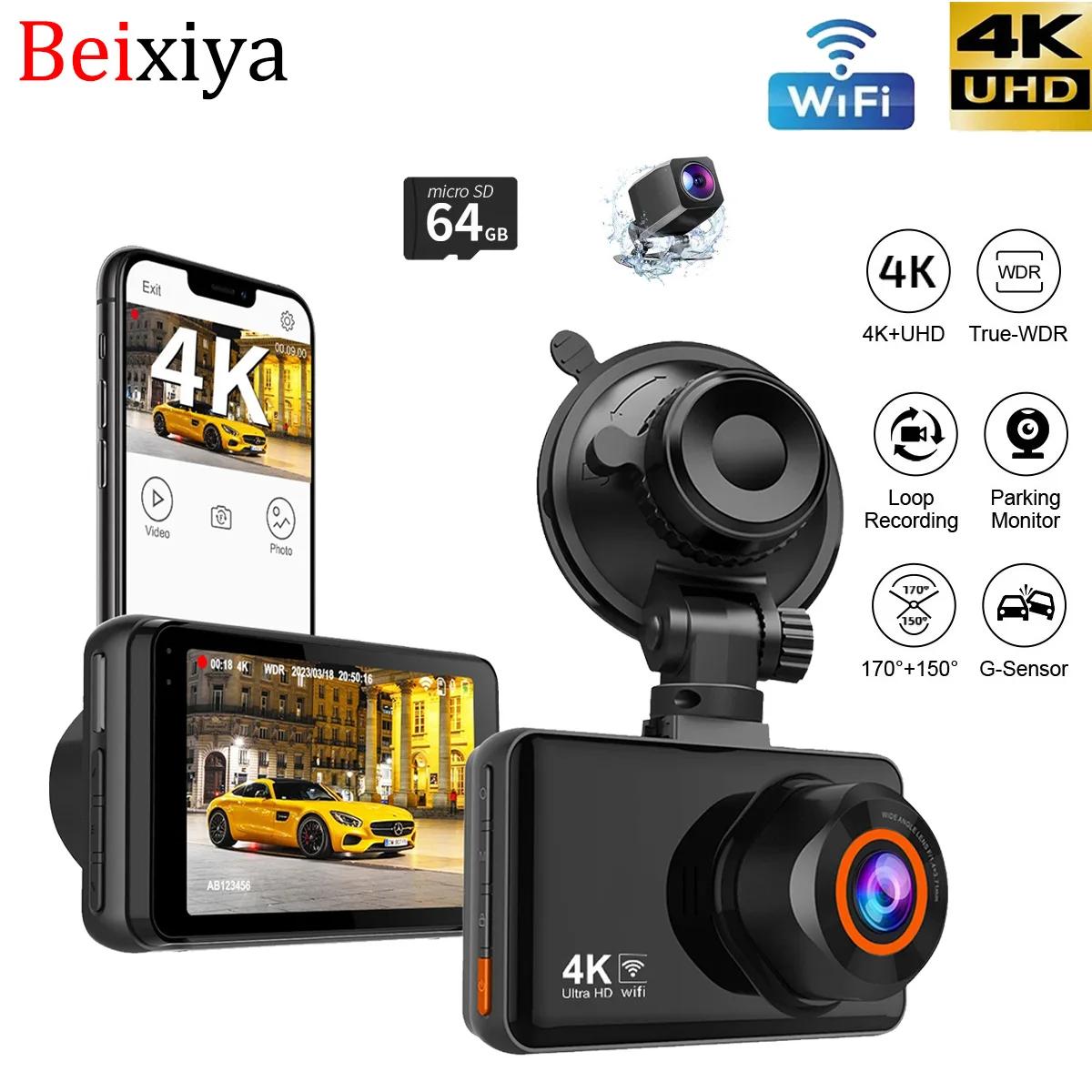 Beixiya 4K Wifi Dash Cam Front and Rear Dual Lens Dash Car Camera Built in GPS Super Night Vision Dashcam 24 Hours Parking Mode