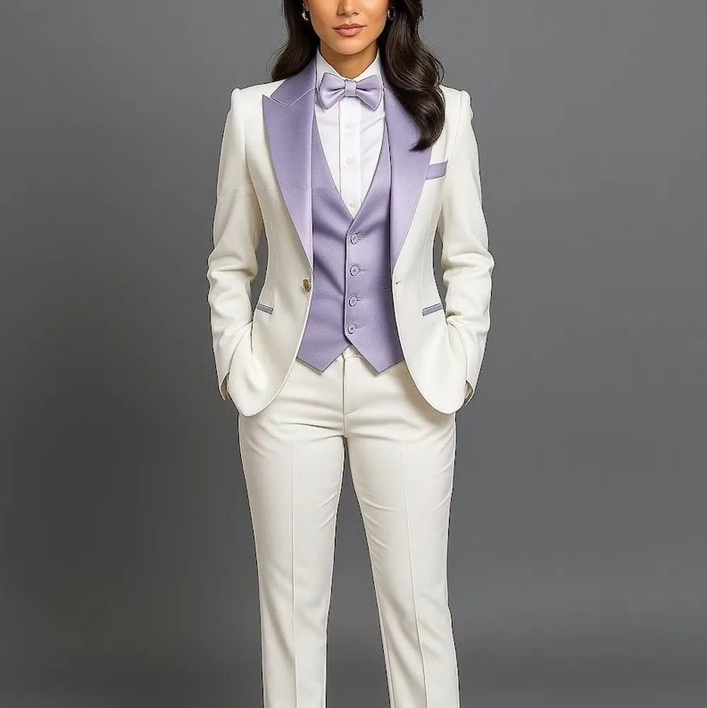 White And Light Purple Formal Business Women Suit Wedding Party Prom Ladies Mother Tuxedos Costume 3 Piece Set Blazer Vest Pant