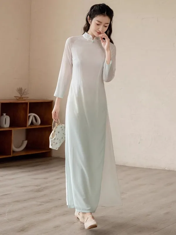 Spring Summer New Chinese Style Pearl Lace Young Women's Dress Cold Zen Spirit Long Sleeve Midi Qipao Gown Retro Fashion