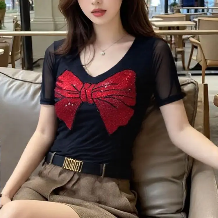 

Модная блузка со стразами, сексуальная сетчатая футболка с v-образным вырезом и коротким рукавом, женская облегающая футболка